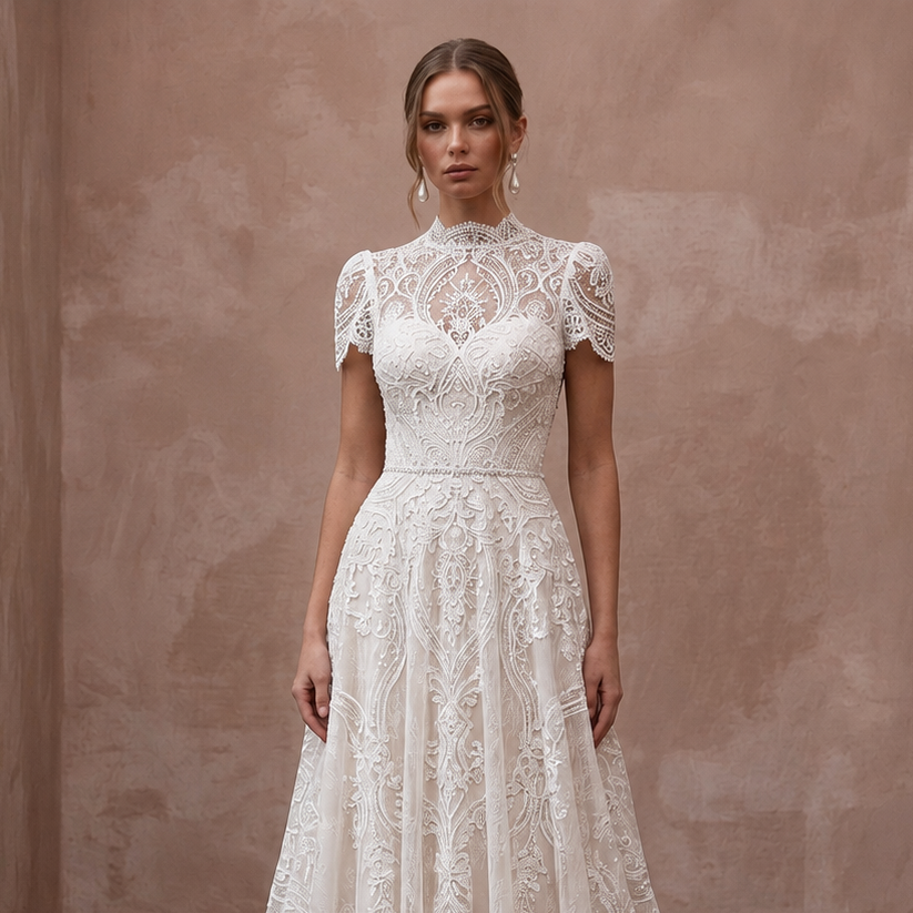 Second Wedding Lace A-Line Wedding Dress with Short Sleeves