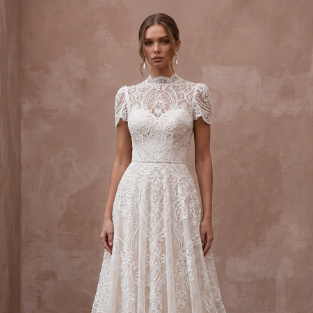 Second Wedding Lace A-Line Wedding Dress with Short Sleeves