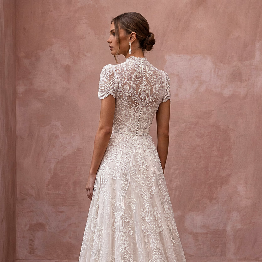 Second Wedding Lace A - Line Wedding Dress with Short Sleeves - Apparel & Accessories > Clothing > Wedding & Bridal Party Dresses > Wedding Dresses - Mignonette Bridal