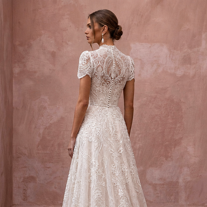 Second Wedding Lace A-Line Wedding Dress with Short Sleeves