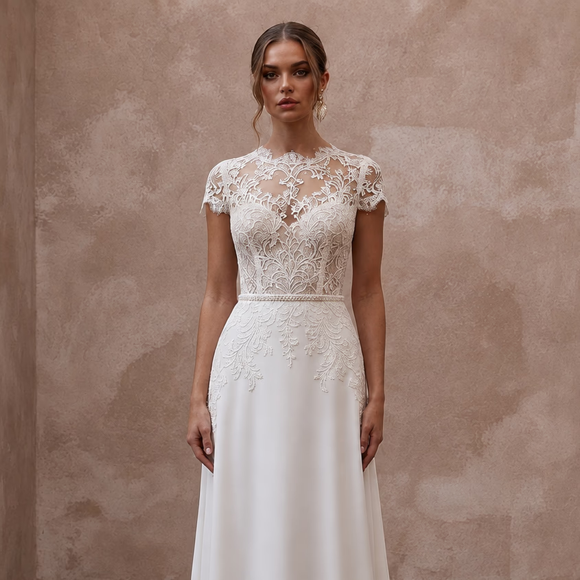 Second Wedding Lace Wedding Dress with Short Sleeves and A-Line Silhouette