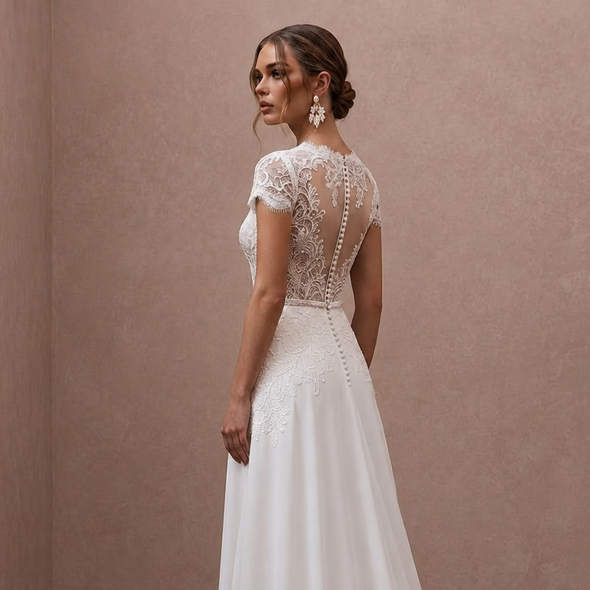 Second Wedding Lace Wedding Dress with Short Sleeves and A-Line Silhouette