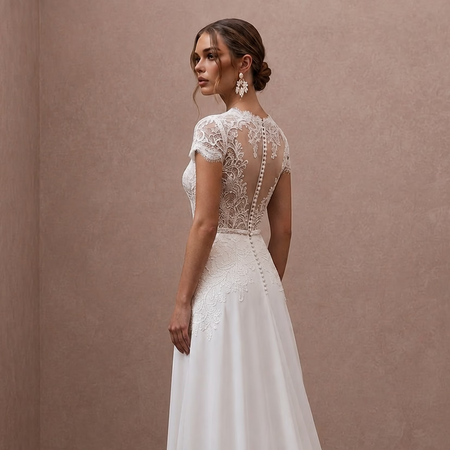 Second Wedding Lace Wedding Dress with Short Sleeves and A-Line Silhouette