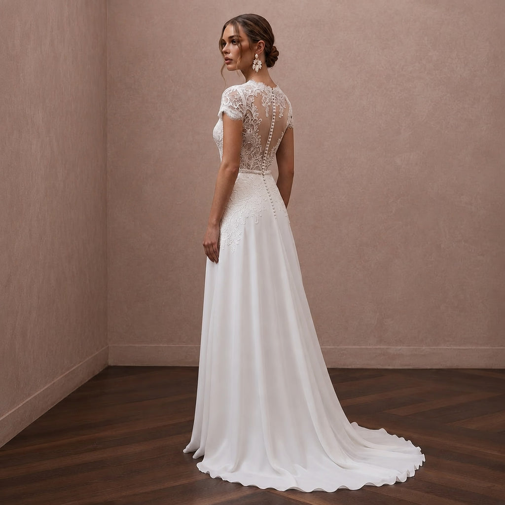 Second Wedding Lace Wedding Dress with Short Sleeves and A-Line Silhouette