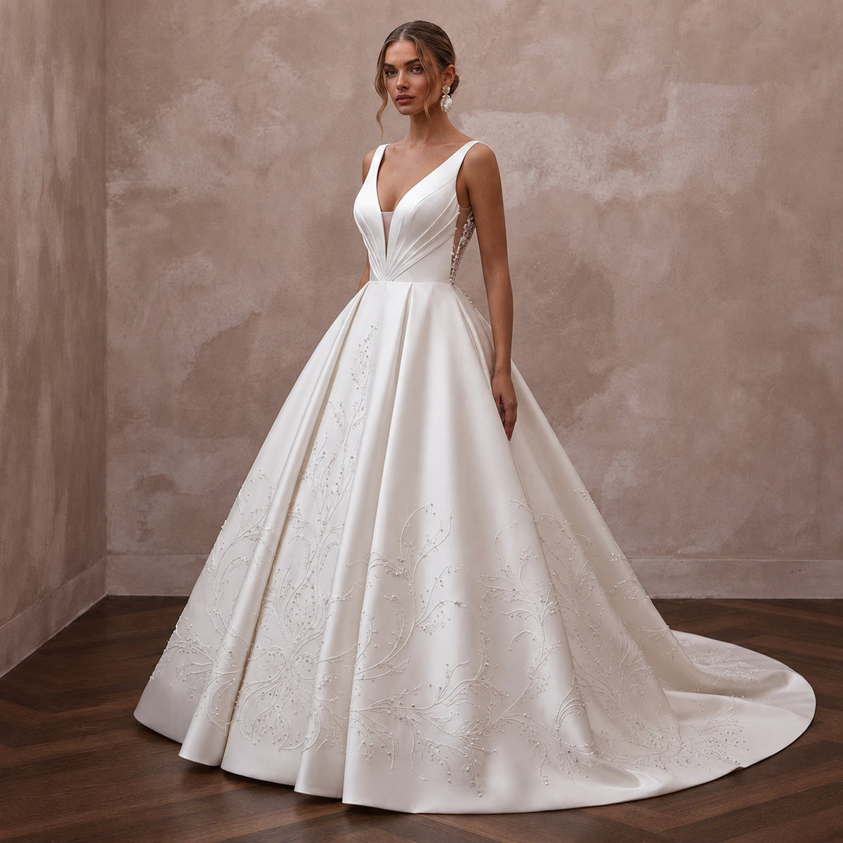 Second Wedding Satin Ball Gown Wedding Dress with V - Neck - Apparel & Accessories > Clothing > Wedding & Bridal Party Dresses > Wedding Dresses - Mignonette Bridal Main image