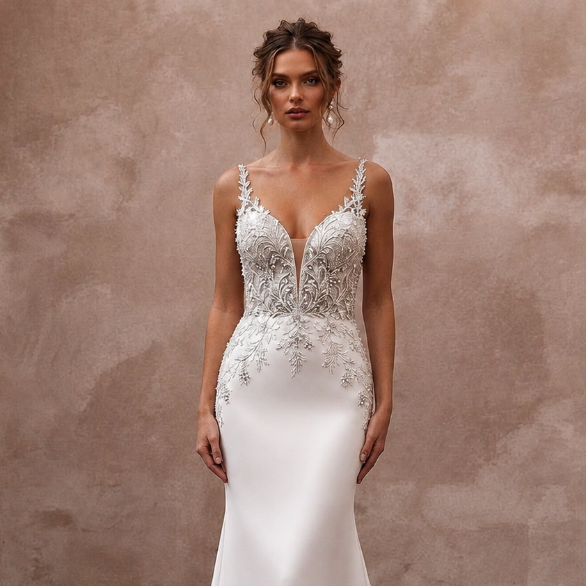 Second Wedding Satin Mermaid Wedding Dress with V - Neck - Apparel & Accessories > Clothing > Wedding & Bridal Party Dresses > Wedding Dresses - Mignonette Bridal