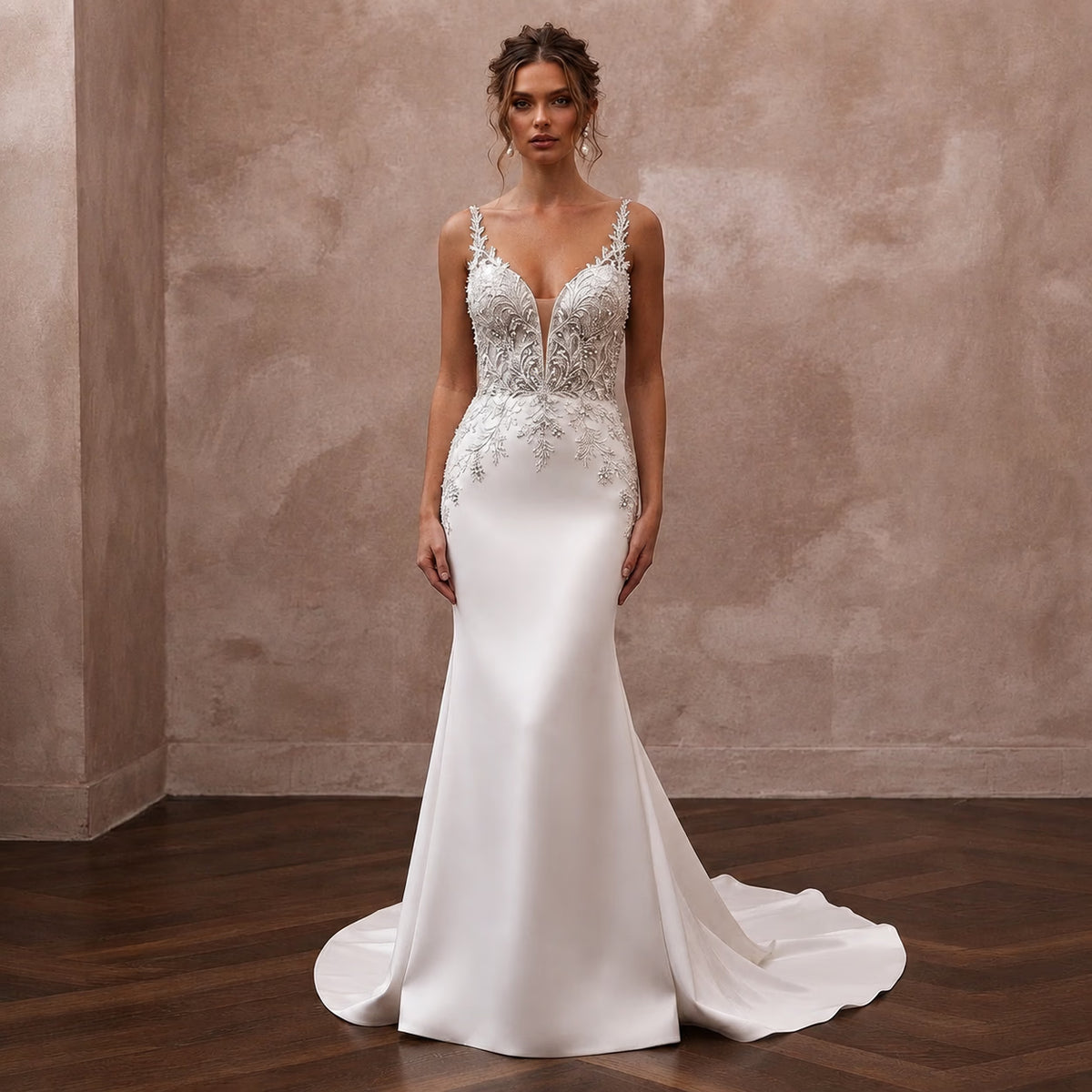 Second Wedding Satin Mermaid Wedding Dress with V - Neck - Apparel & Accessories > Clothing > Wedding & Bridal Party Dresses > Wedding Dresses - Mignonette Bridal