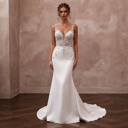 Second Wedding Satin Mermaid Wedding Dress with V - Neck - Apparel & Accessories > Clothing > Wedding & Bridal Party Dresses > Wedding Dresses - Mignonette Bridal