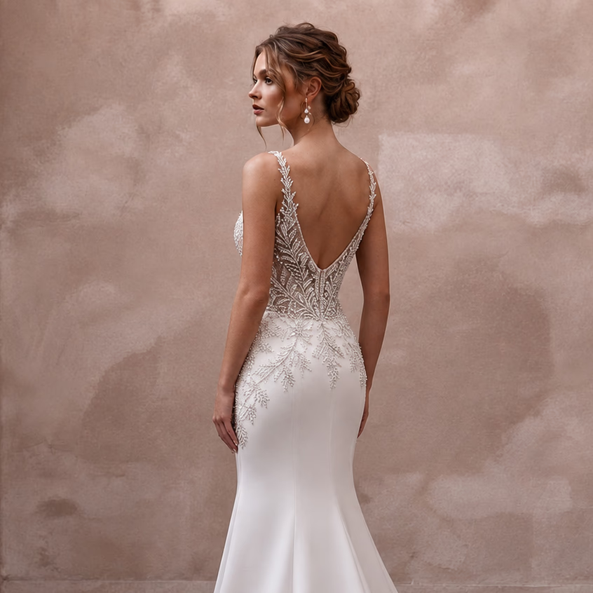Second Wedding Satin Mermaid Wedding Dress with V - Neck - Apparel & Accessories > Clothing > Wedding & Bridal Party Dresses > Wedding Dresses - Mignonette Bridal