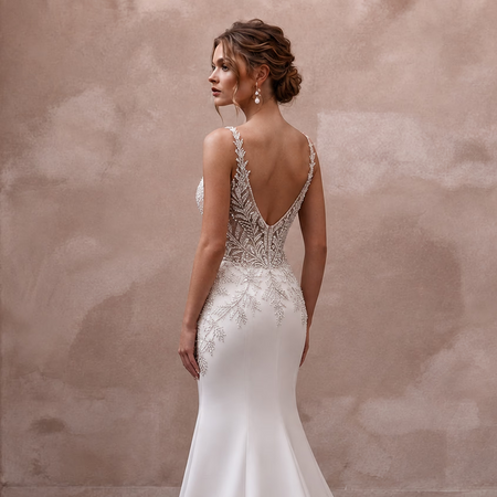 Second Wedding Satin Mermaid Wedding Dress with V - Neck - Apparel & Accessories > Clothing > Wedding & Bridal Party Dresses > Wedding Dresses - Mignonette Bridal