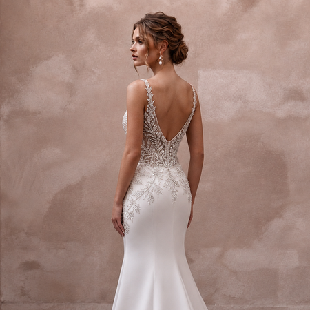 Second Wedding Satin Mermaid Wedding Dress with V - Neck - Apparel & Accessories > Clothing > Wedding & Bridal Party Dresses > Wedding Dresses - Mignonette Bridal
