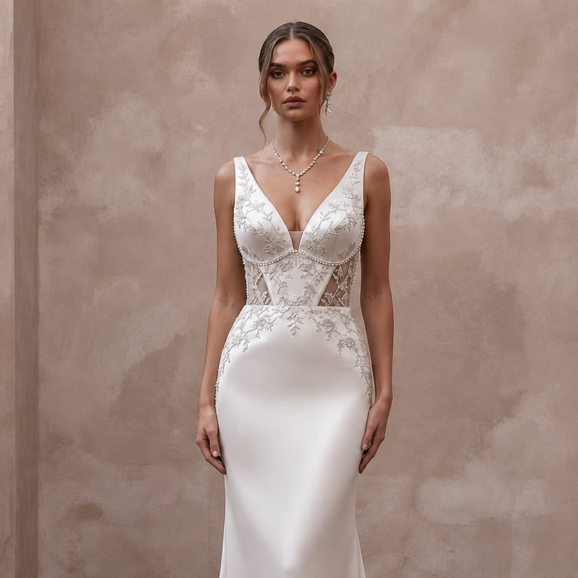 Second Wedding Satin Wedding Dress with V-Neck and Sheath Silhouette