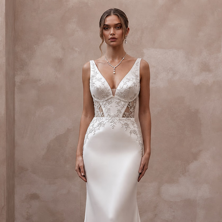 Second Wedding Satin Wedding Dress with V-Neck and Sheath Silhouette
