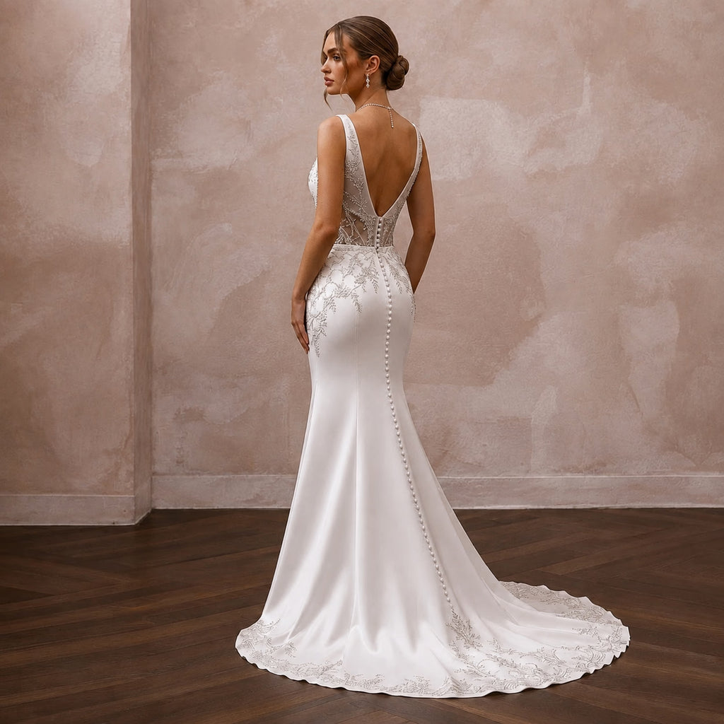 Second Wedding Satin Wedding Dress with V-Neck and Sheath Silhouette