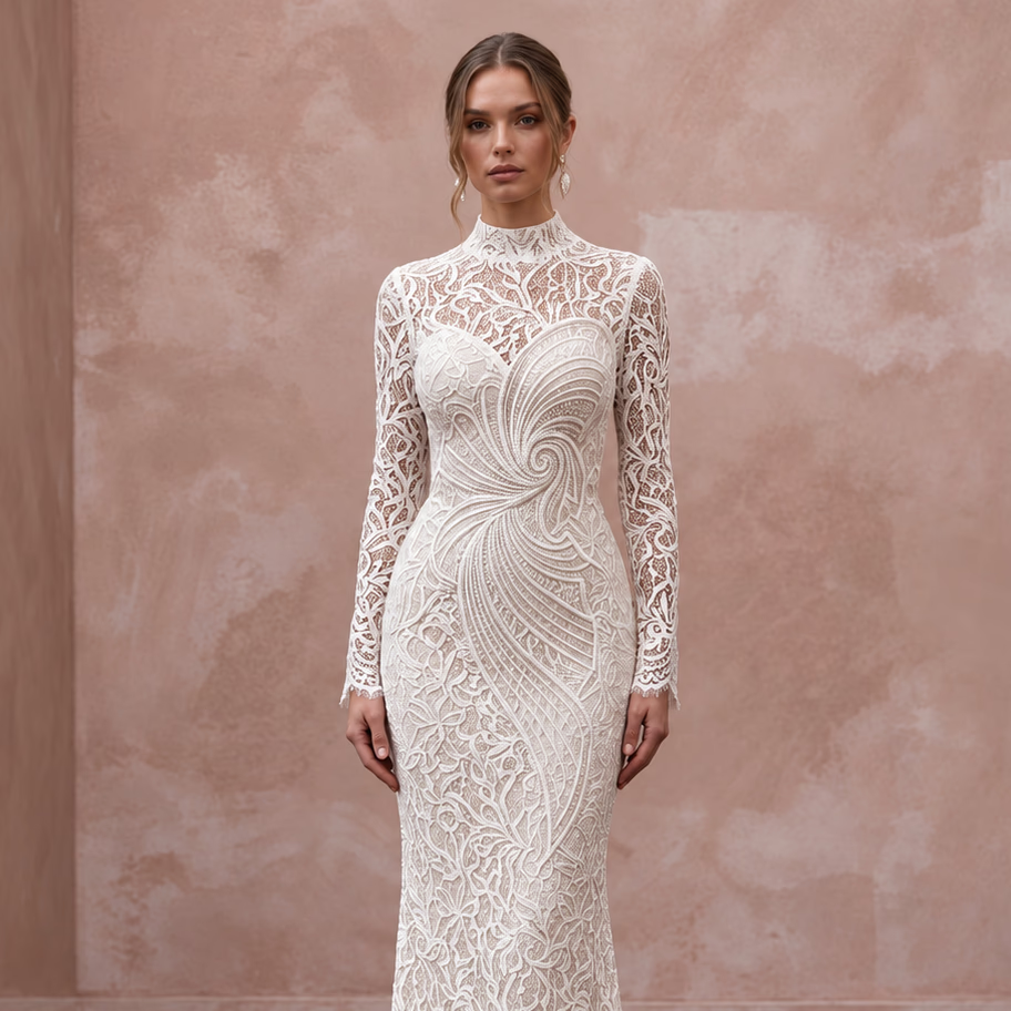 Seductive Off-White Lace Bodycon Long Sleeve Bridal Dress for Anniversary Dinner