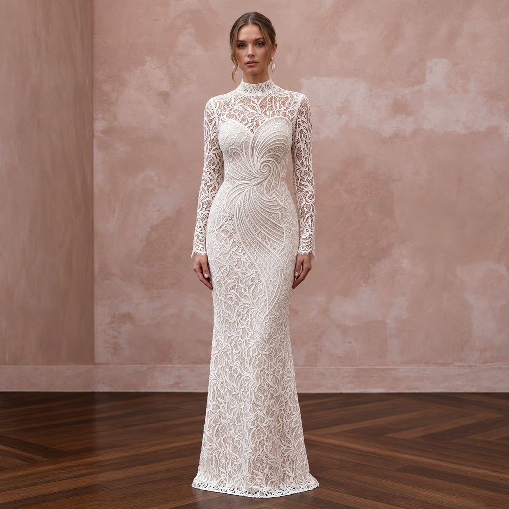 Seductive Off-White Lace Bodycon Long Sleeve Bridal Dress for Anniversary Dinner