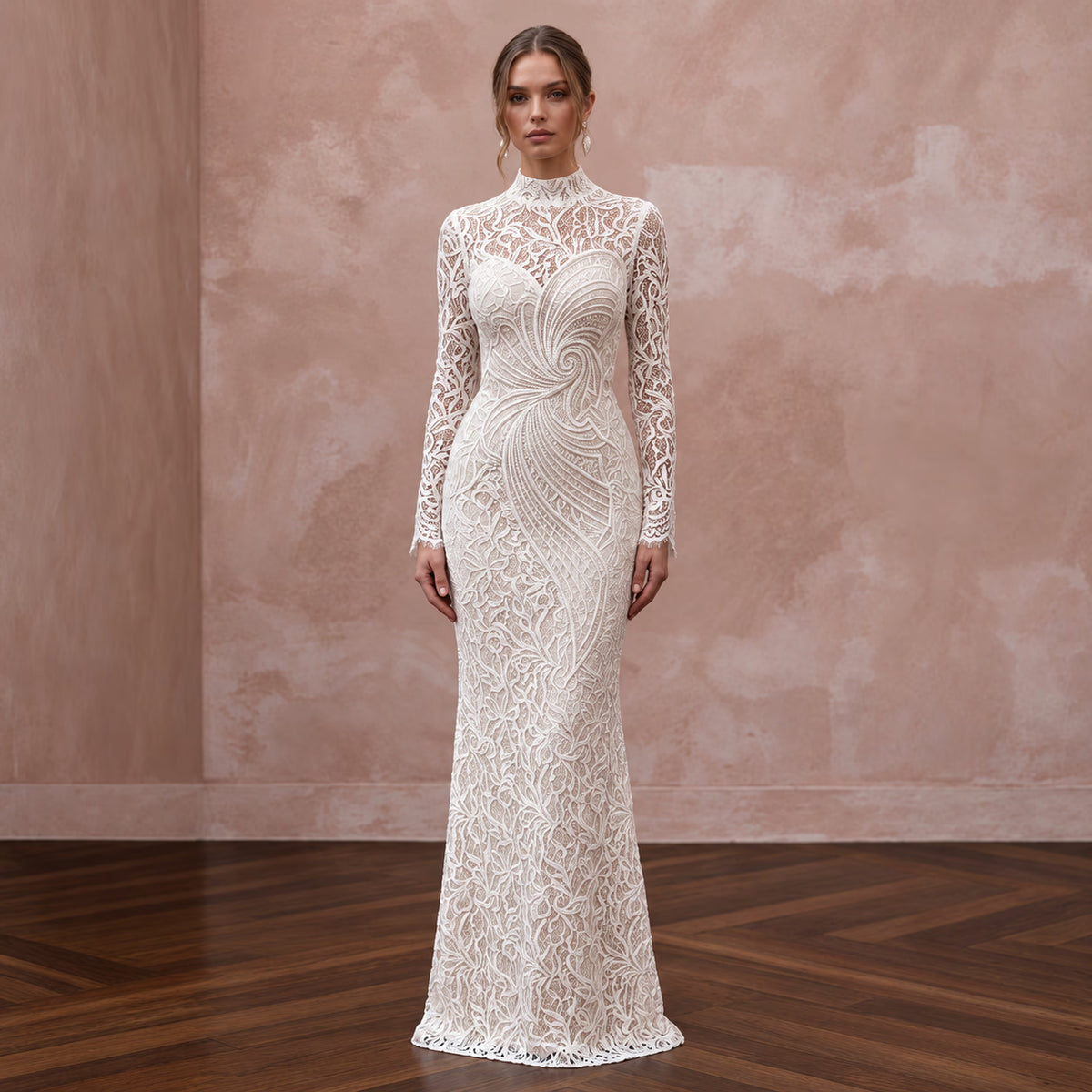 Seductive Off-White Lace Bodycon Long Sleeve Bridal Dress for Anniversary Dinner