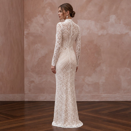 Seductive Off-White Lace Bodycon Long Sleeve Bridal Dress for Anniversary Dinner
