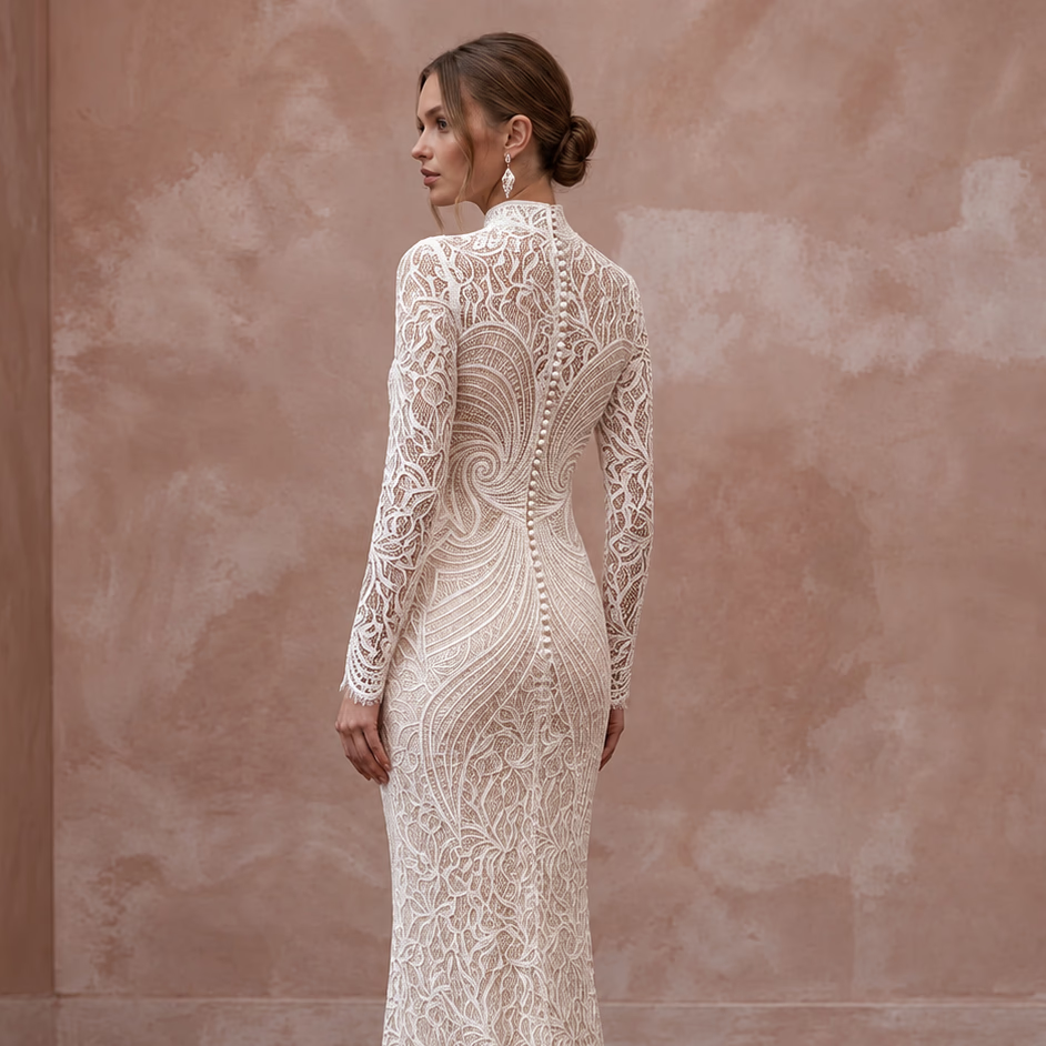 Seductive Off-White Lace Bodycon Long Sleeve Bridal Dress for Anniversary Dinner