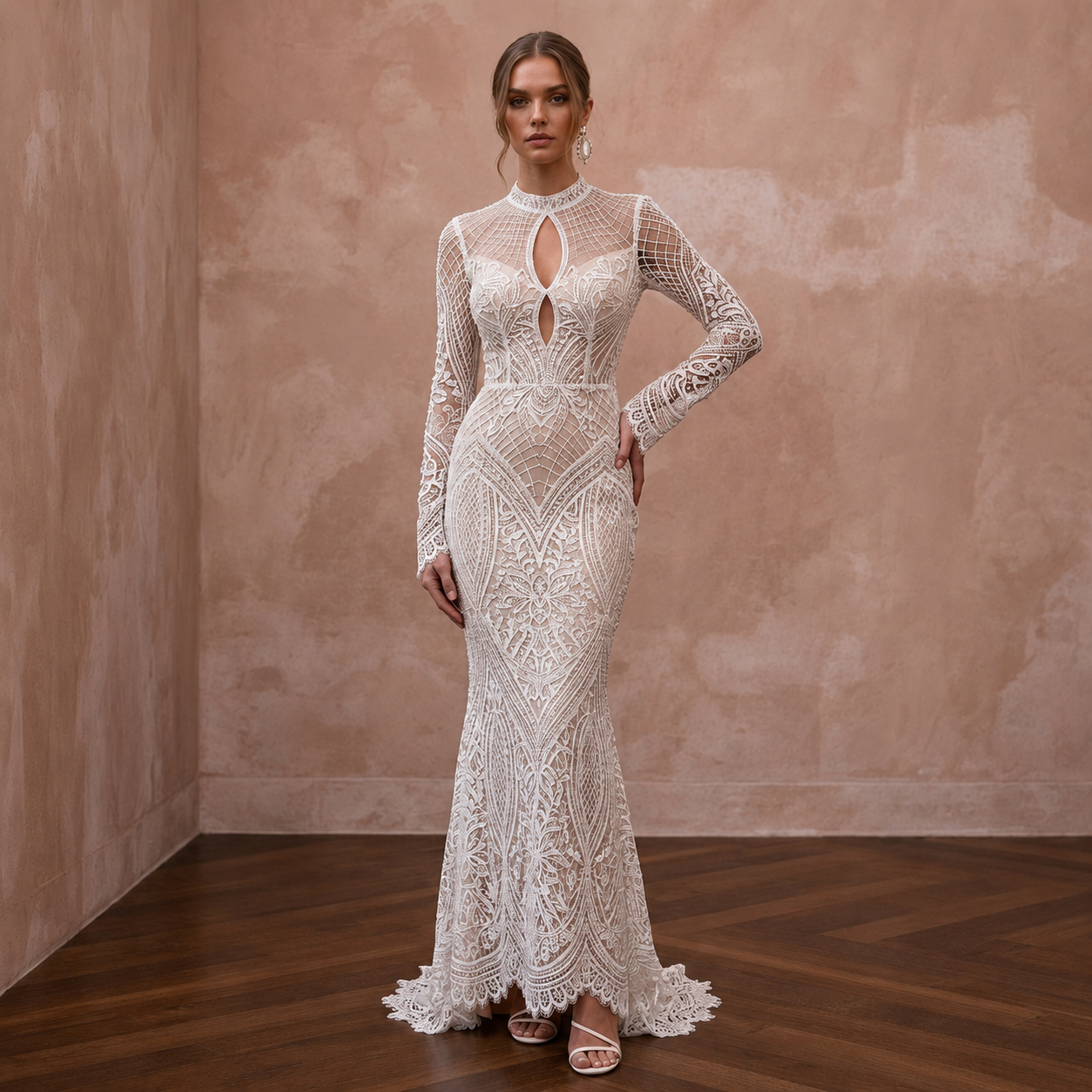 Seductive Off-White Lace Bodycon Long Sleeve for Anniversary Dinner