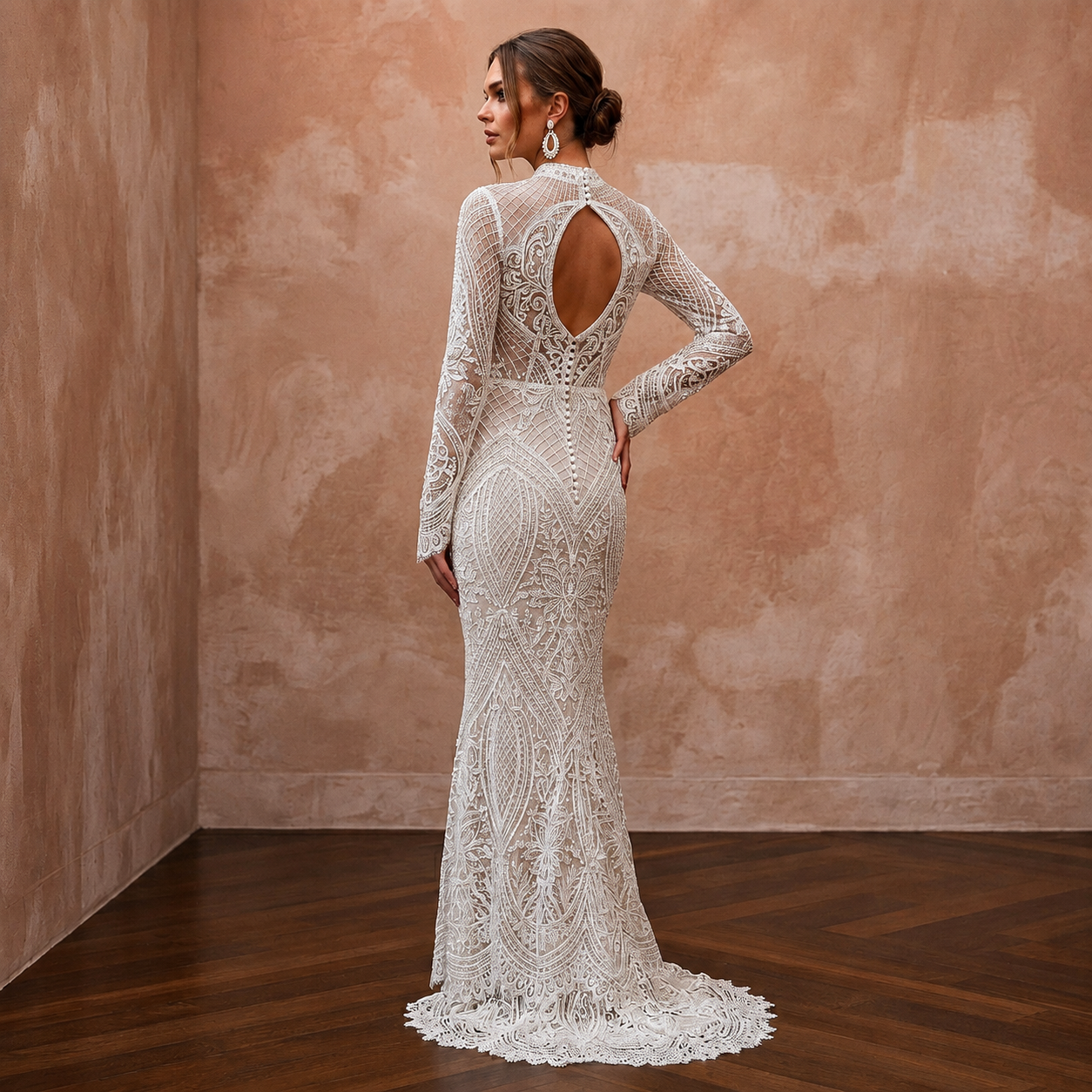 Seductive Off-White Lace Bodycon Long Sleeve for Anniversary Dinner