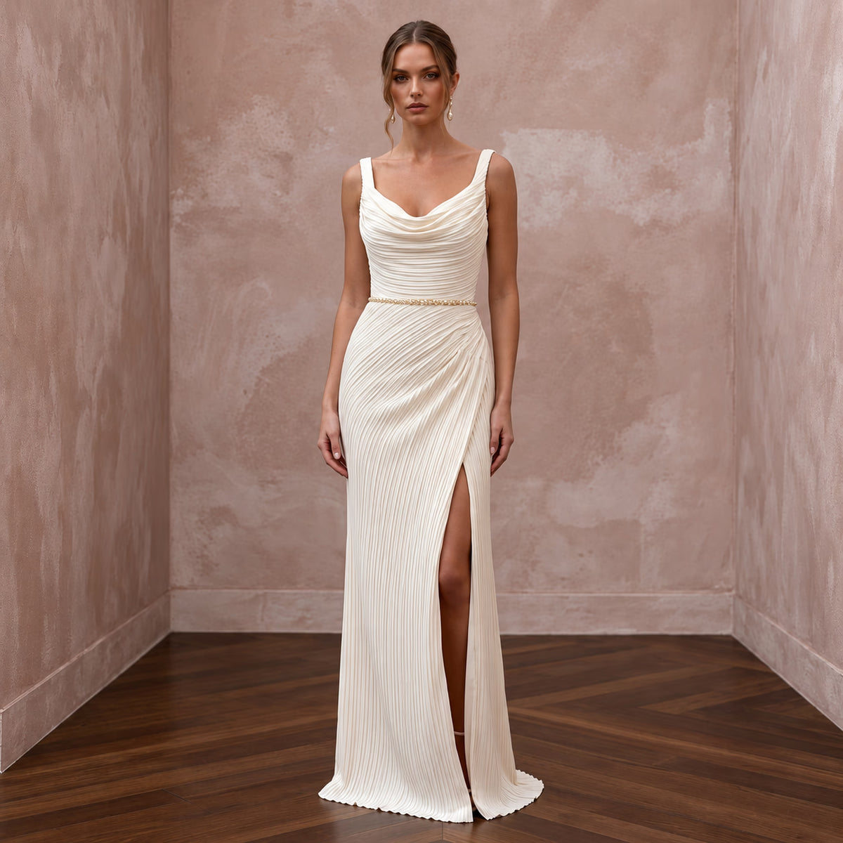 Sensual Cream Plissé Crepe Sheath Wedding Dress for Rehearsal Dinner Dance