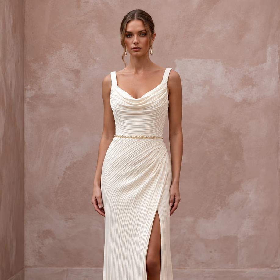 Sensual Cream Plissé Crepe Sheath Wedding Dress for Rehearsal Dinner Dance