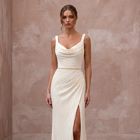 Sensual Cream Plissé Crepe Sheath Wedding Dress for Rehearsal Dinner Dance