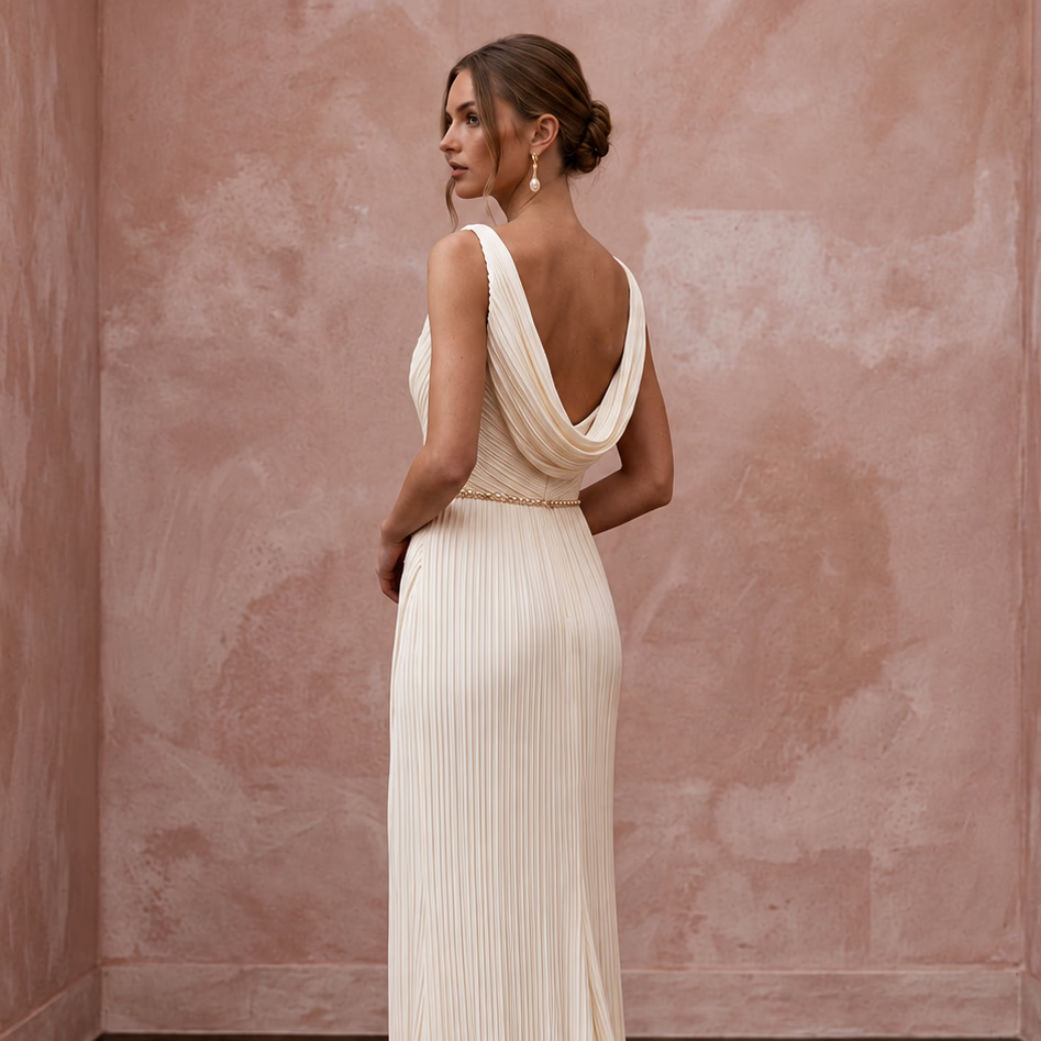 Sensual Cream Plissé Crepe Sheath Wedding Dress for Rehearsal Dinner Dance