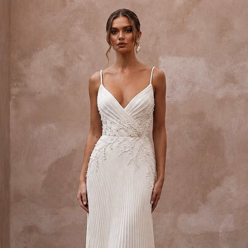 Sensual Cream Plissé Crepe Sheath for Rehearsal Dinner Dance - Apparel & Accessories > Clothing > Wedding & Bridal Party Dresses > Wedding Dresses - Mignonette Bridal