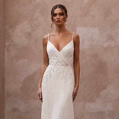 Sensual Cream Plissé Crepe Sheath for Rehearsal Dinner Dance - Apparel & Accessories > Clothing > Wedding & Bridal Party Dresses > Wedding Dresses - Mignonette Bridal