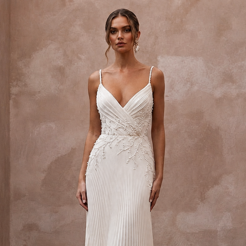 Sensual Cream Plissé Crepe Sheath for Rehearsal Dinner Dance