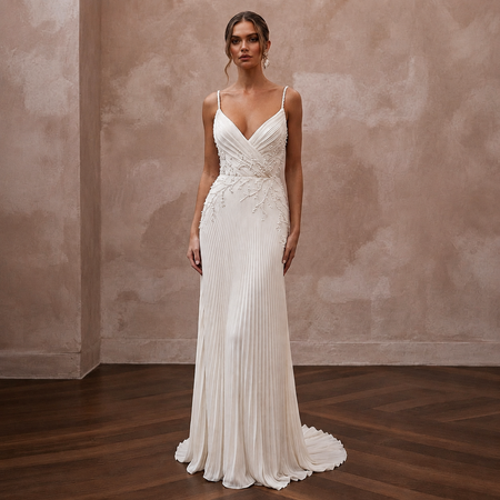 Sensual Cream Plissé Crepe Sheath for Rehearsal Dinner Dance