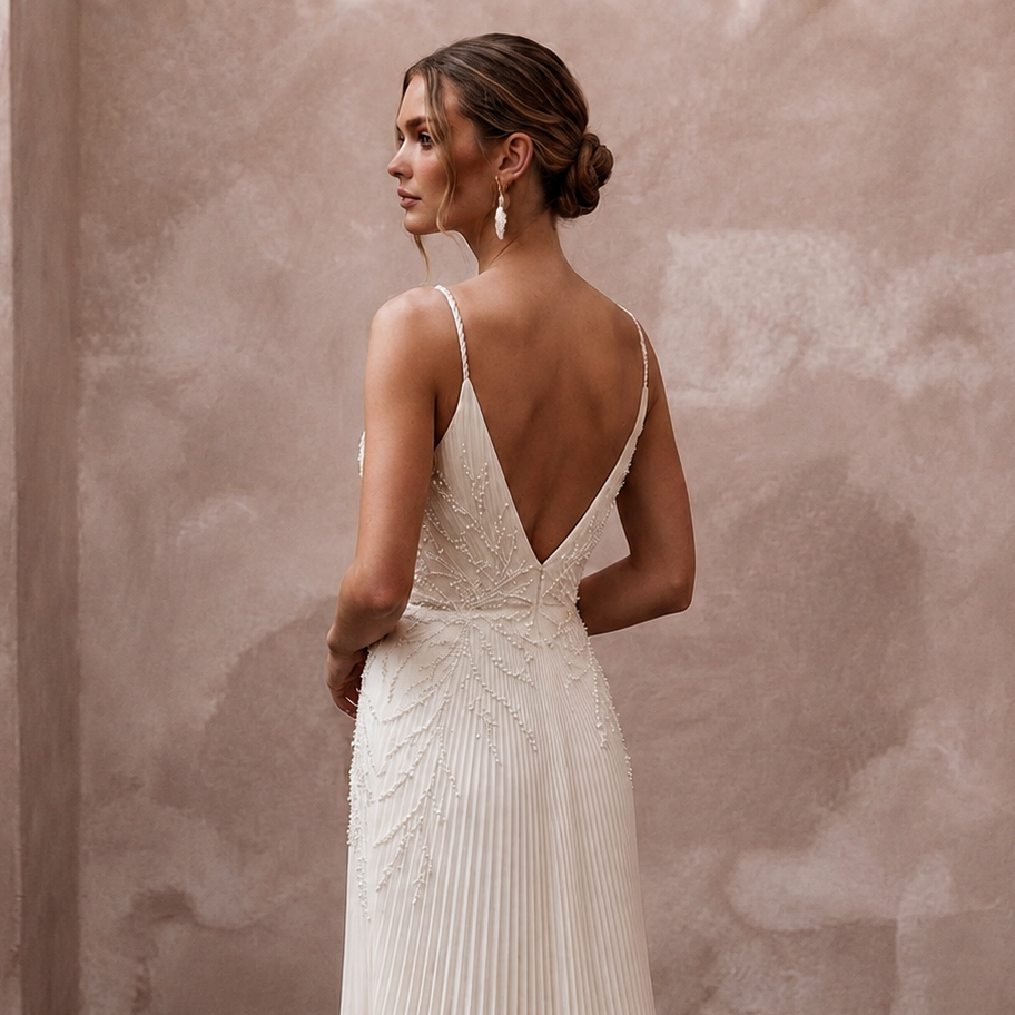 Sensual Cream Plissé Crepe Sheath for Rehearsal Dinner Dance