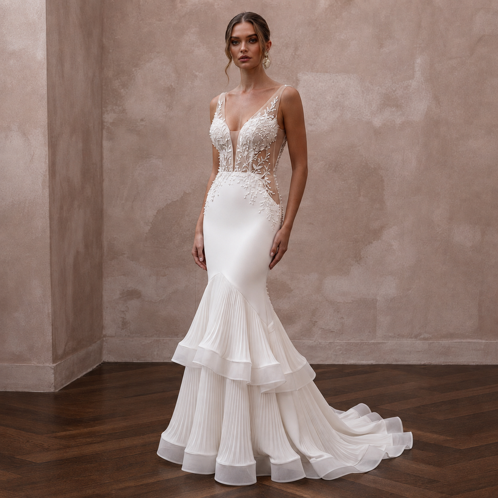 Sensual Ivory Crepe Mermaid Wedding Dress for Rehearsal Dinner