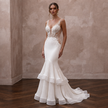 Sensual Ivory Crepe Mermaid Wedding Dress for Rehearsal Dinner