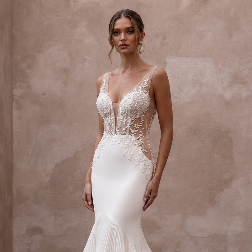 Sensual Ivory Crepe Mermaid Wedding Dress for Rehearsal Dinner - Apparel & Accessories > Clothing > Wedding & Bridal Party Dresses > Wedding Dresses - Mignonette Bridal