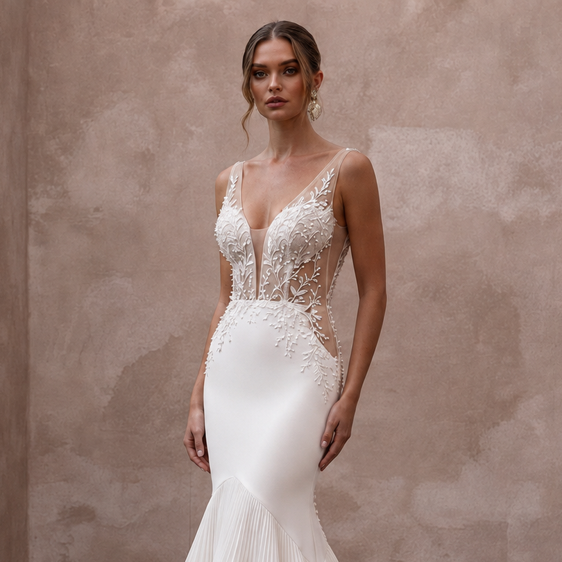 Sensual Ivory Crepe Mermaid Wedding Dress for Rehearsal Dinner