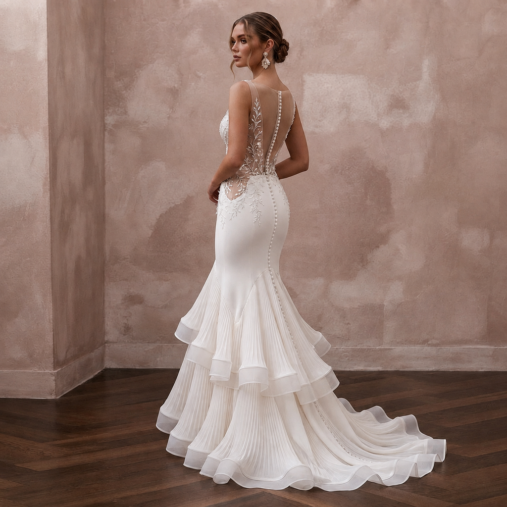 Sensual Ivory Crepe Mermaid Wedding Dress for Rehearsal Dinner