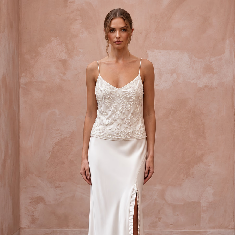 Sensual Off-White Liquid Satin Bridal Cami & Slip Skirt for After-Hours