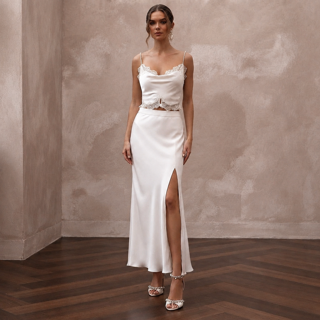 Sensual Off-White Liquid Satin Cami & Slip Skirt for After-Hours Main image