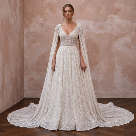 Seraphic Ivory Sequin Tulle Caped Bridal Gown for Engagement Gala