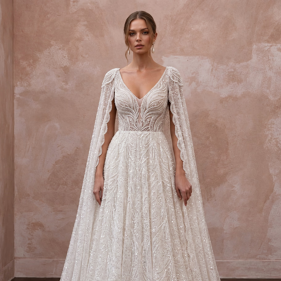 Seraphic Ivory Sequin Tulle Caped Bridal Gown for Engagement Gala