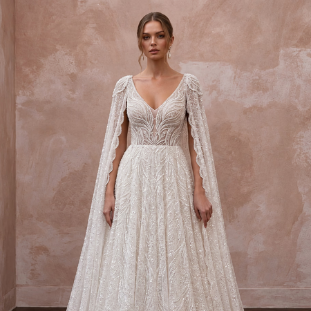 Seraphic Ivory Sequin Tulle Caped Bridal Gown for Engagement Gala