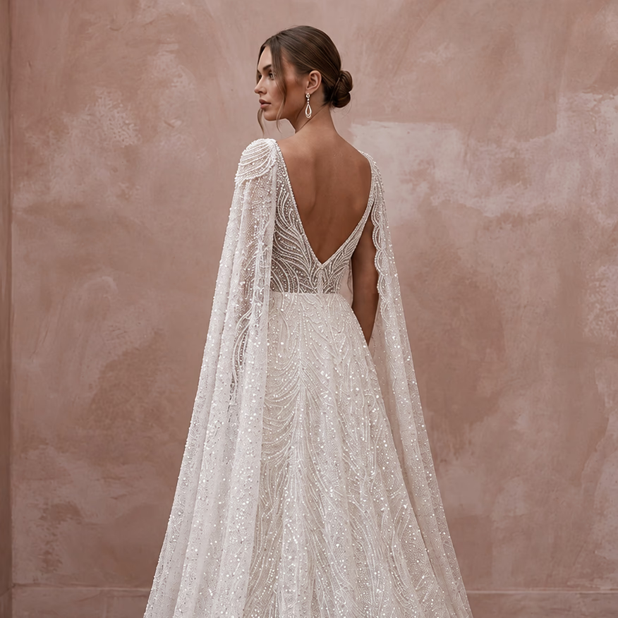 Seraphic Ivory Sequin Tulle Caped Bridal Gown for Engagement Gala