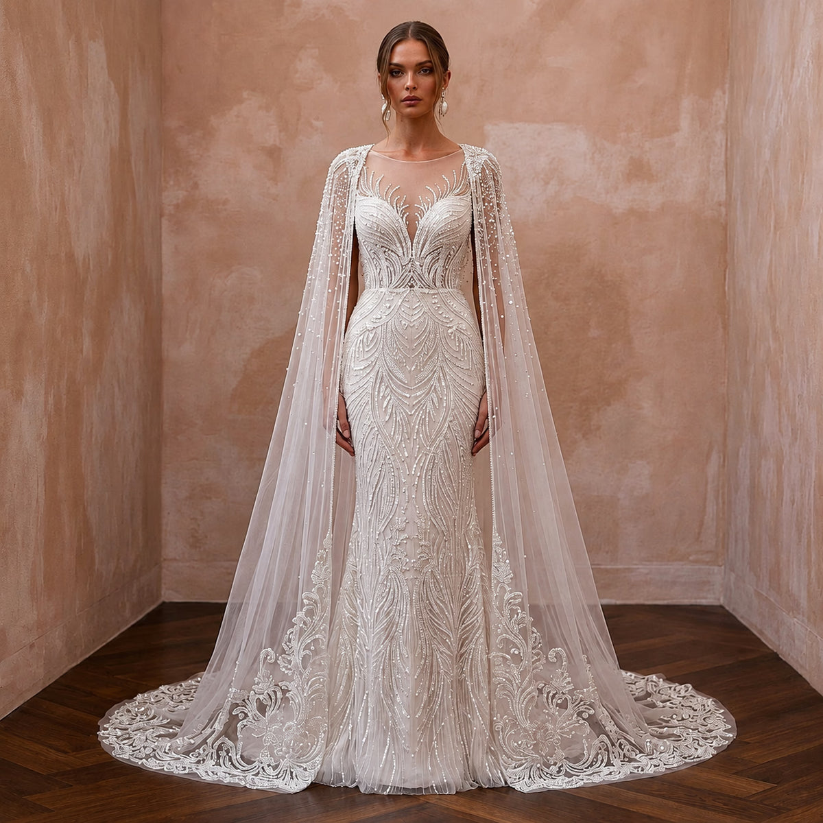 Seraphic Ivory Sequin Tulle Caped Gown for Engagement Gala - Apparel & Accessories > Clothing > Wedding & Bridal Party Dresses > Wedding Dresses - Mignonette Bridal Main image