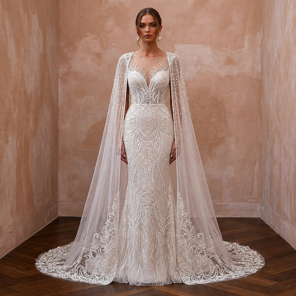 Seraphic Ivory Sequin Tulle Caped Gown for Engagement Gala - Apparel & Accessories > Clothing > Wedding & Bridal Party Dresses > Wedding Dresses - Mignonette Bridal