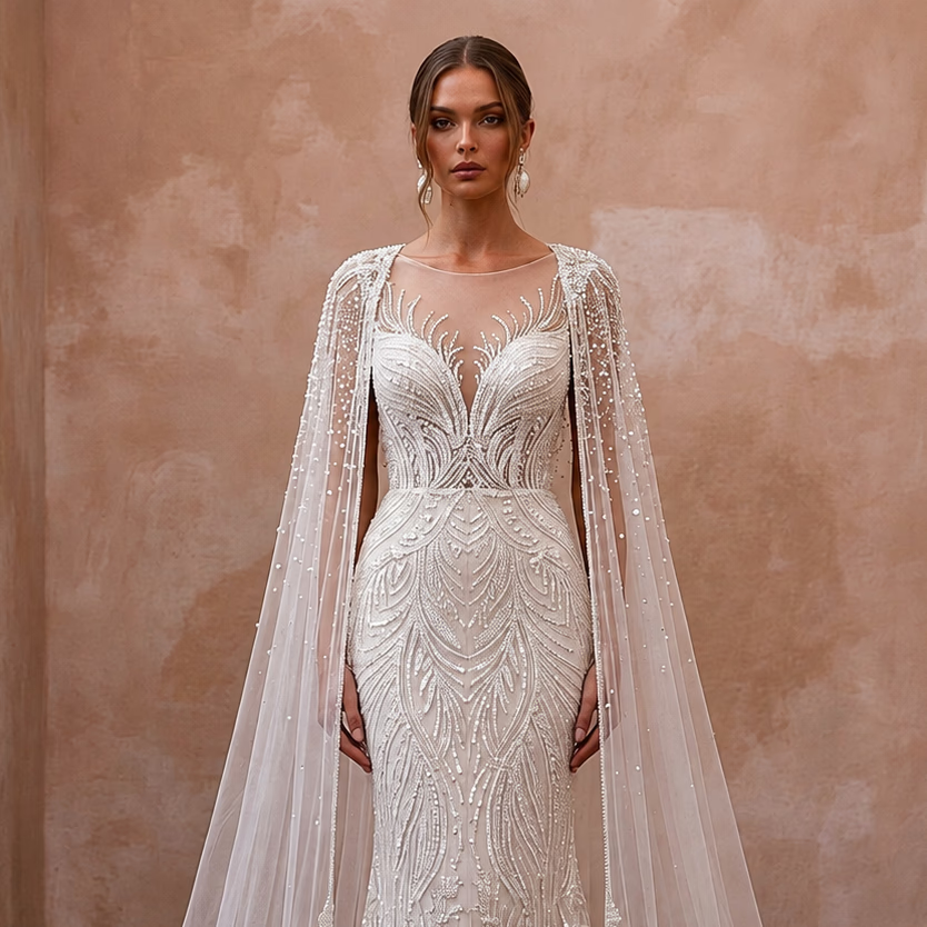 Seraphic Ivory Sequin Tulle Caped Gown for Engagement Gala - Apparel & Accessories > Clothing > Wedding & Bridal Party Dresses > Wedding Dresses - Mignonette Bridal