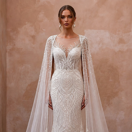 Seraphic Ivory Sequin Tulle Caped Gown for Engagement Gala - Apparel & Accessories > Clothing > Wedding & Bridal Party Dresses > Wedding Dresses - Mignonette Bridal