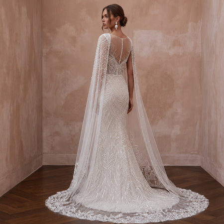 Seraphic Ivory Sequin Tulle Caped Gown for Engagement Gala - Apparel & Accessories > Clothing > Wedding & Bridal Party Dresses > Wedding Dresses - Mignonette Bridal